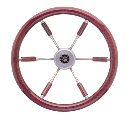 Allpa 6-Speichen Steuerrad 'Leader Prestige' Niro Mit Mahagoni Griff Und Teilweise Speichen, Ø390mm, Tiefe 100mm