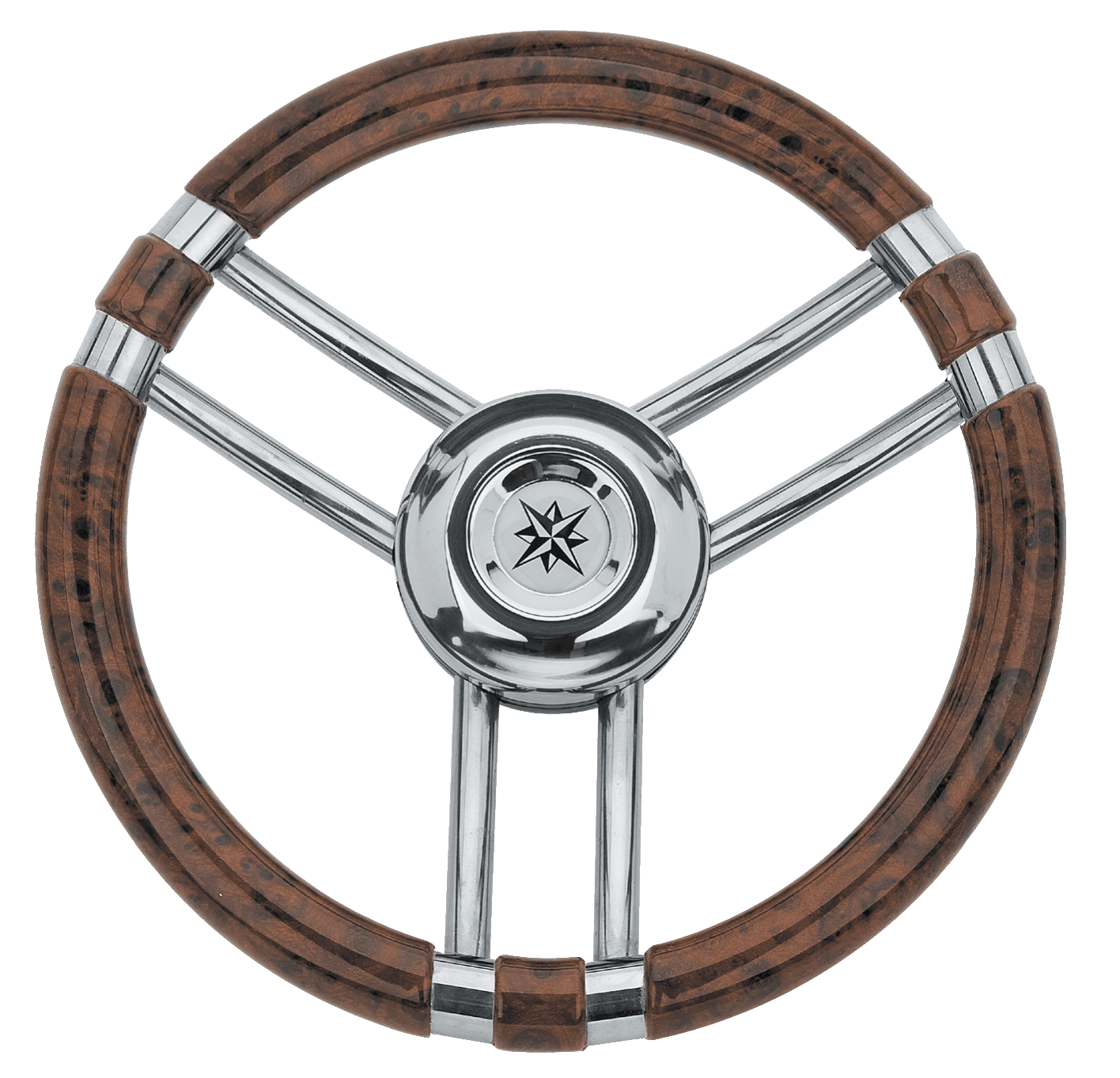 Allpa 3-Speichen Steuerrad 'Modell 22' Niro Mit Wurzelholz-Look Griff, Ø350mm, Tiefe 60mm