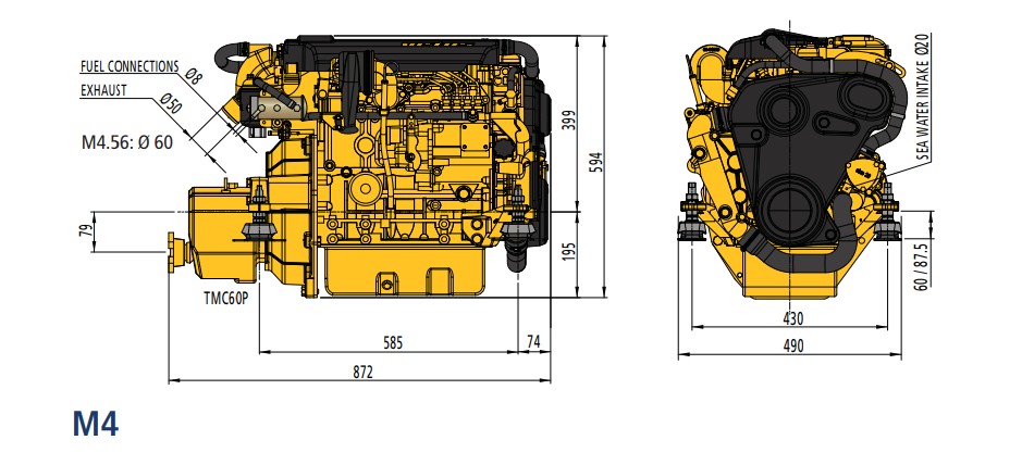 Vetus 33 PS Mitsubishi M4.35 mit TMC60 2:1, gerader Abgang