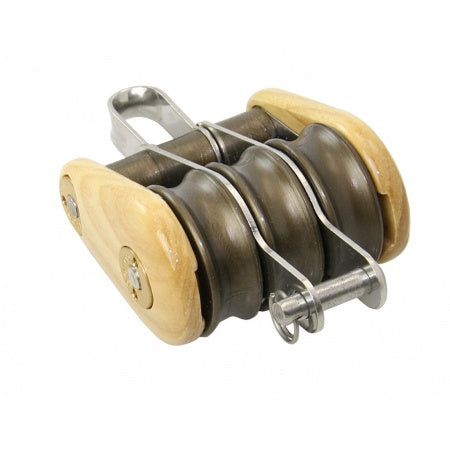 BARTON Dreifachblock kugelgelagert Holz 30x12 - 45x14 mm Seil 8-10 mm Auge Unterbügel