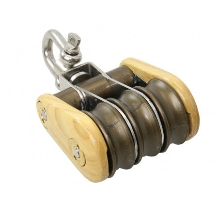 BARTON Dreifachblock kugelgelagert Holz 30x12 - 45x14 mm, Seil 8-10mm, Wirbelschäkel