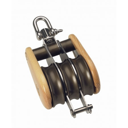 BARTON Dreifachblock kugelgelagert Holz 30x12 - 45x14 mm, Seil 8-10 mm, Wirbelschäkel Unterbügel
