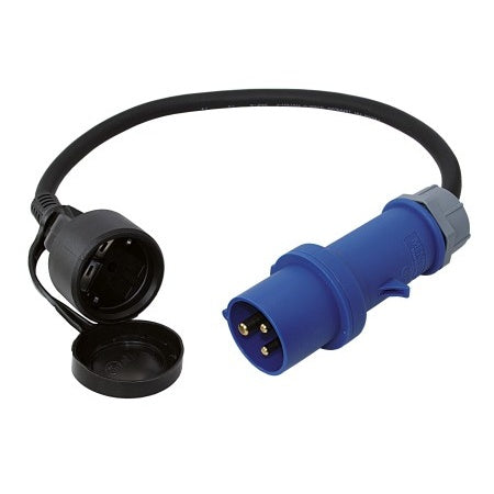 CEE Adapterkabel 230V 3-polig mit Stecker + Schuko-Kupplung mit Kappe, 0,5/1,5m
