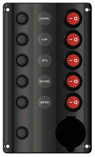 Allpa Kunststoff Schalttafel, 12v, 5-Schalter & Led-Indikator, Auto Fuse, Abm. 180x107mm, Spritzwasserdicht, 1x5a, 2x10a, 2x15a Sicherungen