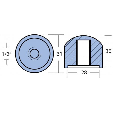 Propelleranode, Mutter Magnesium 31mm 1/2'UNC für Mercury Alpha I, Bravo I