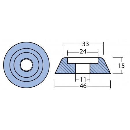 Telleranode Zink 45mm, Bohrung 11mm für Lewmar Seitenstrahlruder