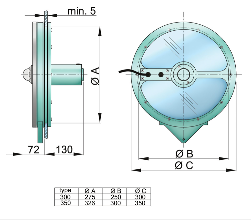 Vetus Klarsichtscheibe, 12 und 24V, 300 bis 350 mm