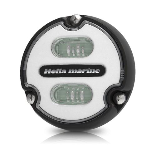 Hella Unterwasserleuchte Apelo A1, Lichtfarbe Blau/weiß, schwarzes Polygehäuse mit weißer Front. Kartonverpackung.