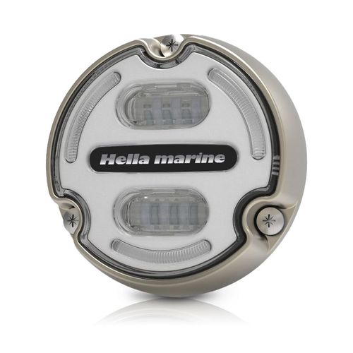 Hella Unterwasserleuchte Apelo A2, Lichtfarbe RGB, Bronzegehäuse mit weißer Front. Kartonverpackung