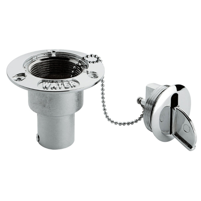 Allpa Messing-Verchromte Deckeinfüllstütze 'Water', Schlauchanschluss Ø50mm & Ø35mm, Flansche Ø89mm