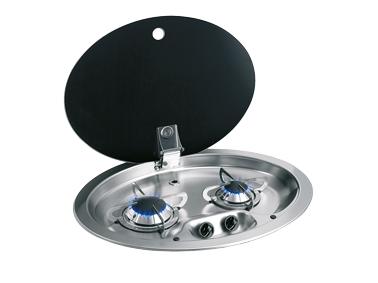 Allpa Gaskocher Oval Mitt 2 Brenner Komplett Mit Gehärtetem Rauchglas-Deckel, 510x390x80mm
