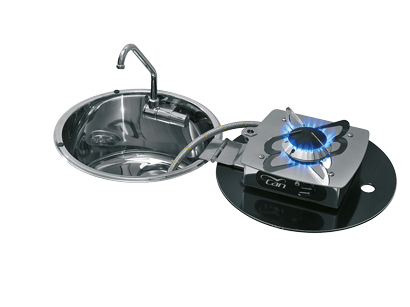 Allpa Niro Spülbecken 300x180mm Mit Einklappbar Niro Gaskocher + Abdeckplatte + Hahn + 488034