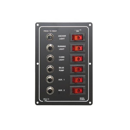 Schaltpaneel mit Sicherungsautomaten, vertikal Alu 12V 37A 6-fach