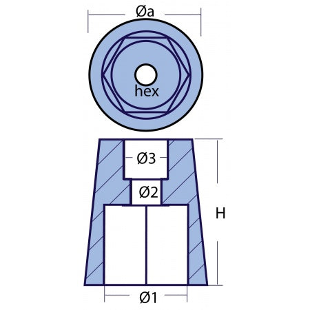 Wellenanode konisch, Magnesium für 22-40 mm Welle, Radice