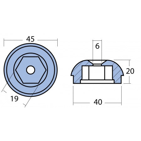 Propelleranode, Mutter Aluminium / Magnesium 45mm, Bohrung 6mm für Sleipner Seitenstrahlruder