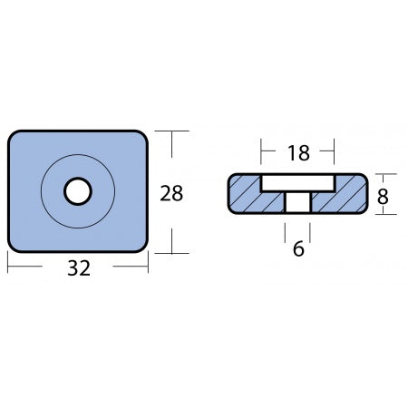 Plattenanode Zink / Aluminium / Magnesium 32x28x8mm, Bohrung 6mm für Honda BF 8-50PS