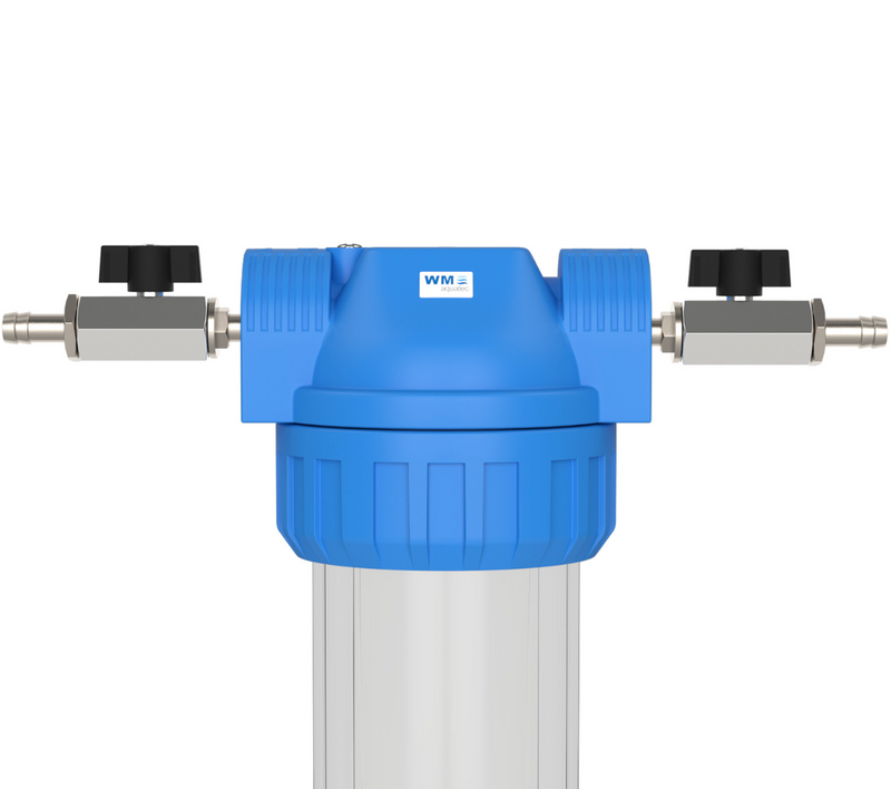 Wasserfilter-Gehäuse (Größe S); Anschluss: Schlauchtülle 10mm + Absperrhahnm + mit oder ohne Edelstahl Wand-Befestigungswinkel