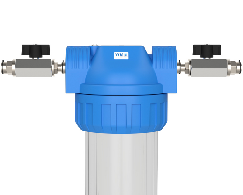 Wasserfilter-Gehäuse (Größe S); Anschluss: Steckverbinder 12mm + Absperrhahn + mit oder ohne Edelstahl Wand-Befestigungswinkel