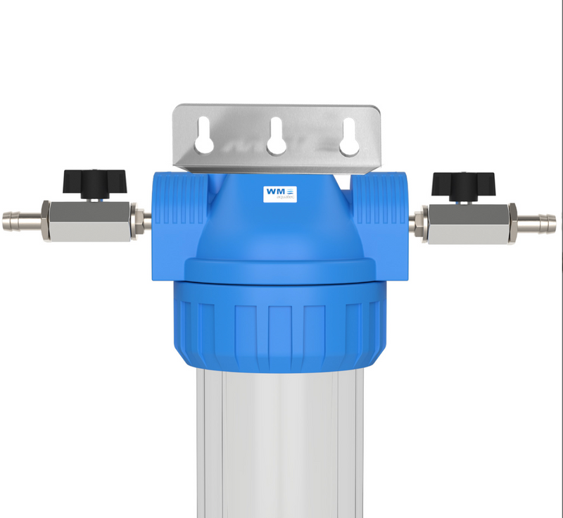 Wasserfilter-Gehäuse (Größe M); Anschluss: Schlauchtülle 10mm + Absperrhahn + mit oder ohne Edelstahl Wand-Befestigungswinkel