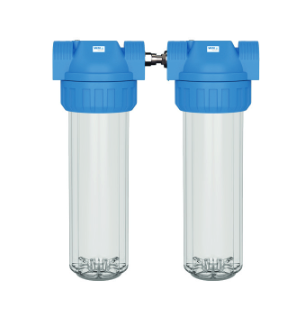 Doppel-Wasserfilter-Gehäuse (Größe M); Anschluss: Hahnstück (Gardena® kompatibel) + mit oder ohne Edelstahl Wand-Befestigungswinkel