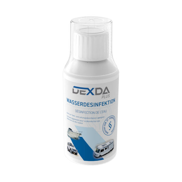 DEXDA® Plus desinfiziert 1.200 und 2.500 Liter Trinkwasser (Frischwassersysteme) bis 25 Liter und 50 Liter