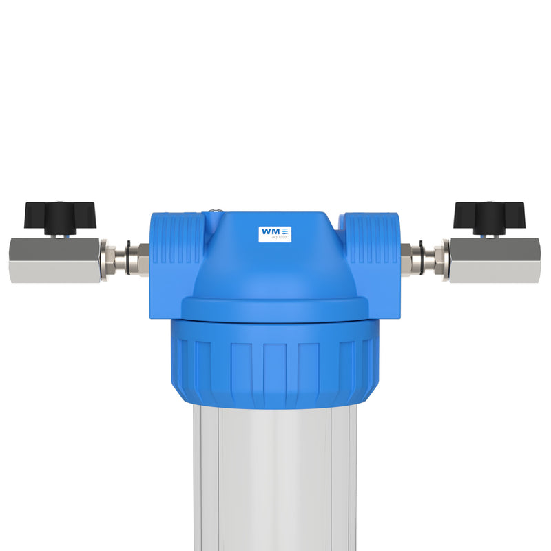 Wasserfilter-Gehäuse (Größe M); Anschluss: Absperrhahn mit 1/2" IG + mit oder ohne Edelstahl Wand-Befestigungswinkel