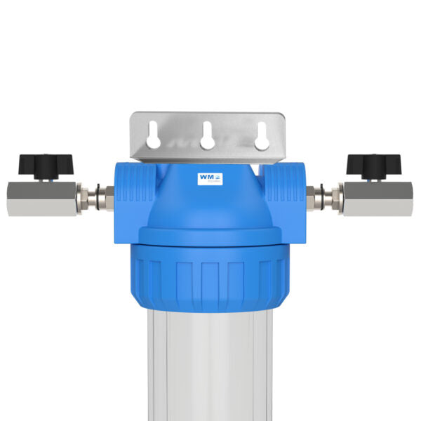 Wasserfilter-Gehäuse (Größe S); Anschluss: Absperrhahn mit 1/2" IG + mit oder ohne Edelstahl Wand-Befestigungswinkel