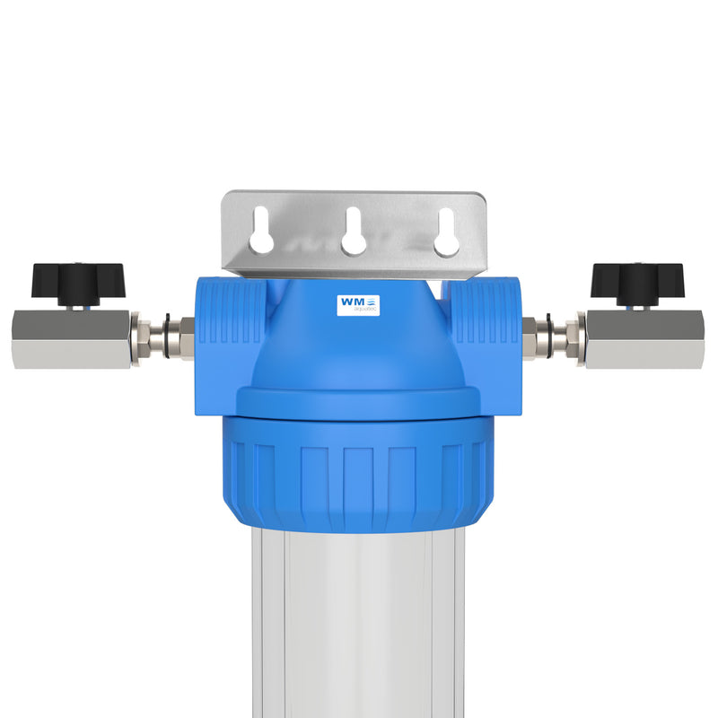 Wasserfilter-Gehäuse (Größe M); Anschluss: Absperrhahn mit 1/2" IG + mit oder ohne Edelstahl Wand-Befestigungswinkel