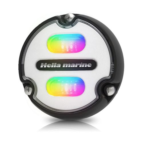 Hella Unterwasserleuchte Apelo A1, Lichtfarbe RGB, schwarzes Polygehäuse mit weißer Front. Kartonverpackung.