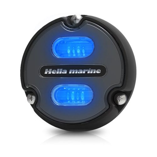 Hella Unterwasserleuchte Apelo A1, Lichtfarbe Blau/weiß, schwarzes poly Gehäuse mit anthraziter Front. Kartonverpackung