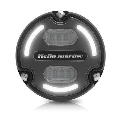 Hella Unterwasserleuchte Apelo A2, Lichtfarbe RGB, schwarzes Aluminiumgehäuse mit anthraziter Front.Kartonverpackung