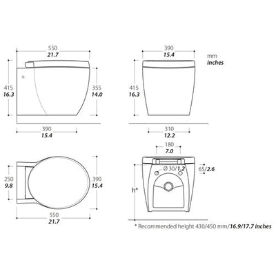 Tecma Evolution Toilette 24V Standard weiß, Softclose, All in one 2 Tasten, Einlasspumpe